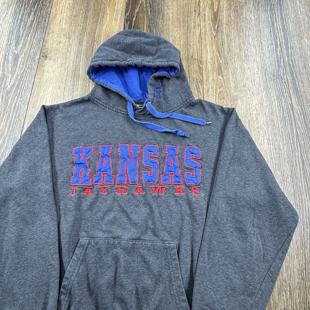 Vintage Kansas Jayhawks Hoodie Mens M Gray Sweatshirt Spellout Logo Y2K Sweater